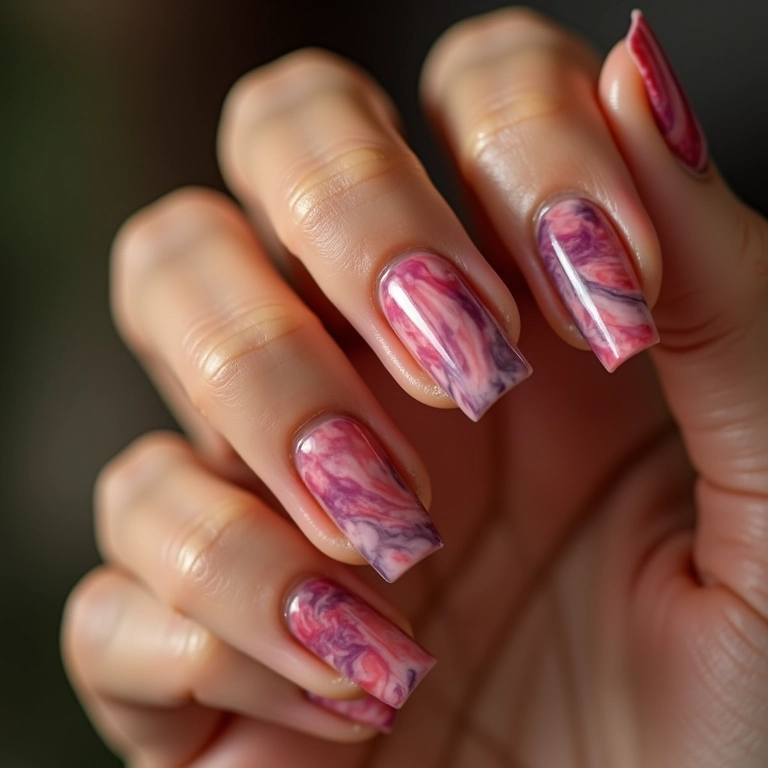 Unhas marmorizadas com durex, um efeito único e elegante.