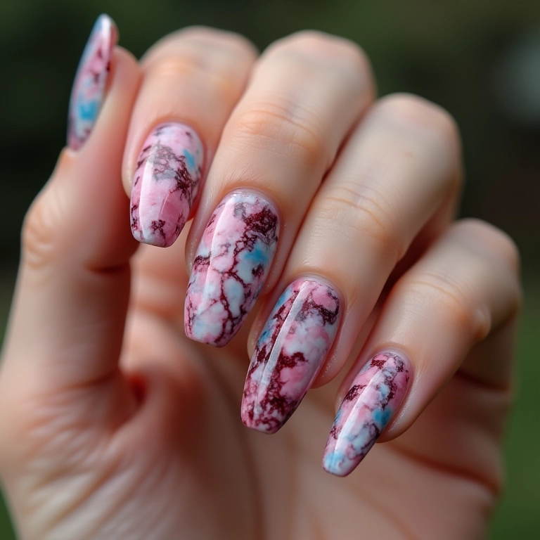 Unhas marmorizadas com efeito aquático.