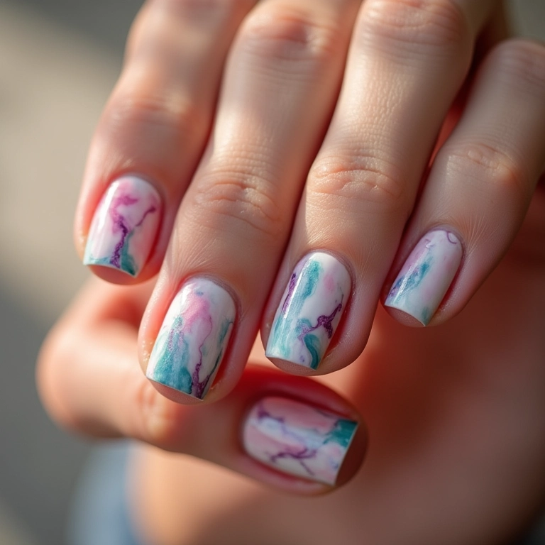 Unhas marmorizadas com efeito elegante e cores suaves.