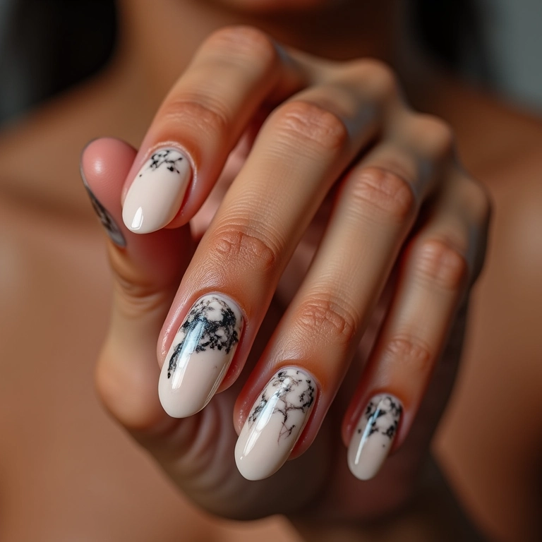 Unhas marmorizadas com efeito elegante e sofisticado, perfeitas para ocasiões especiais.