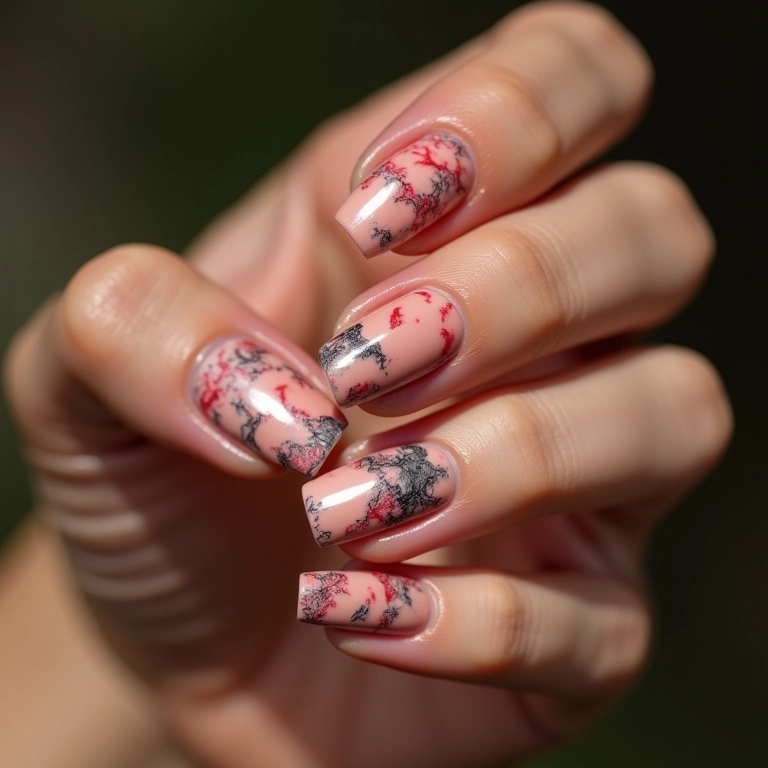 Unhas marmorizadas com efeito elegante e sofisticado.