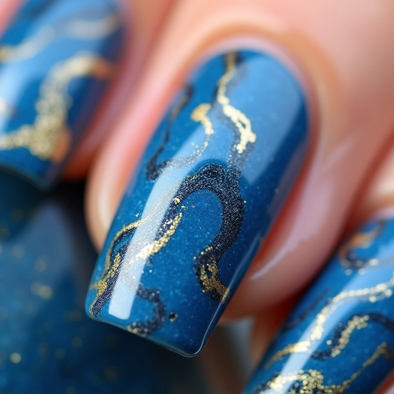 Unhas marmorizadas com efeito incrível em tons de azul e dourado.