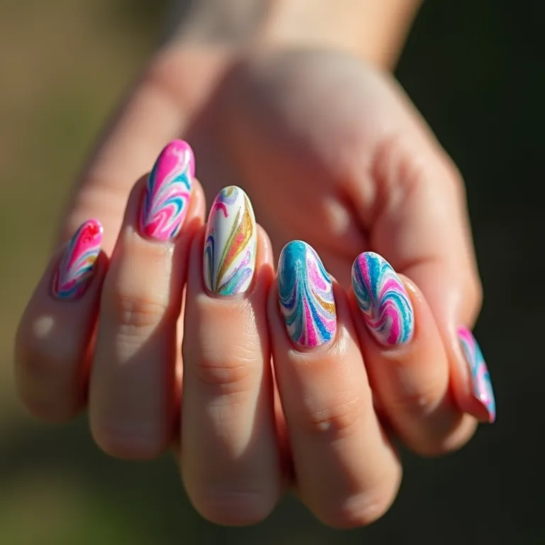 Unhas marmorizadas com efeito surpreendente e cores vibrantes.