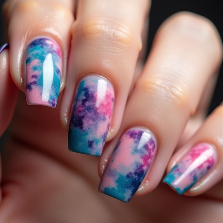 Unhas marmorizadas com efeito tie-dye, cores vibrantes.