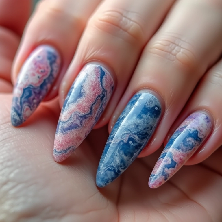 Unhas marmorizadas com efeito único e cores vibrantes.