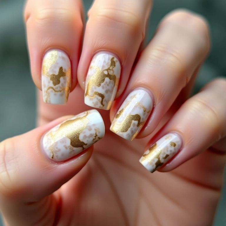 Unhas marmorizadas com gel em tons de branco e dourado.