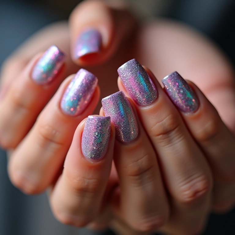 Unhas marmorizadas com glitter para um toque de brilho.