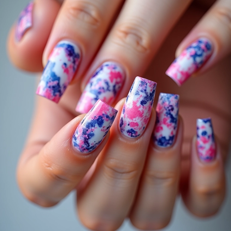 Unhas marmorizadas com neon.