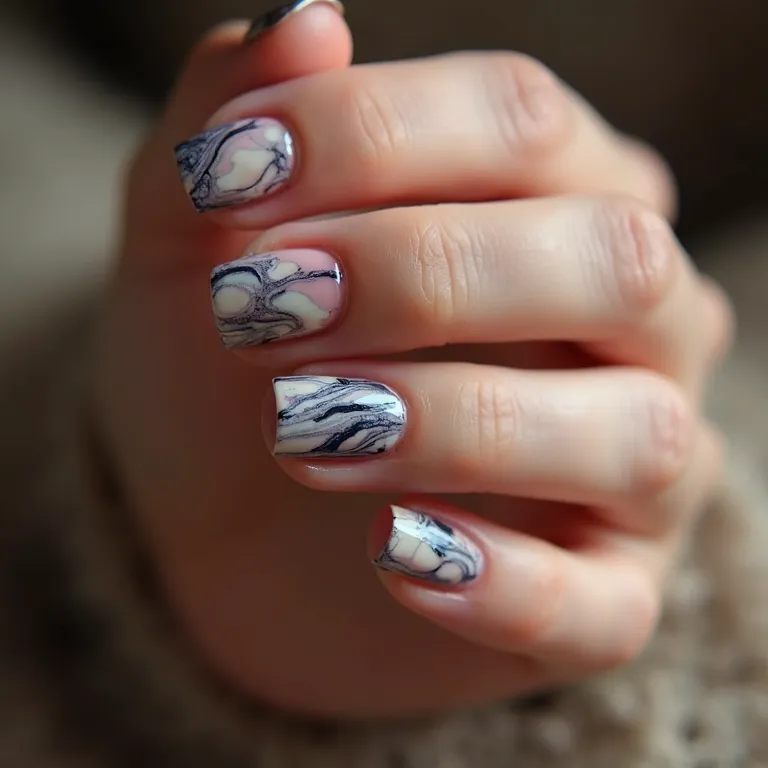 Unhas marmorizadas com padrões elegantes e cores vibrantes, transmitindo sofisticação.