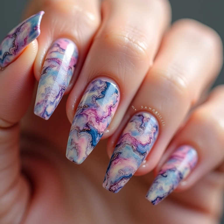 Unhas marmorizadas com padrões únicos e cores misturadas.