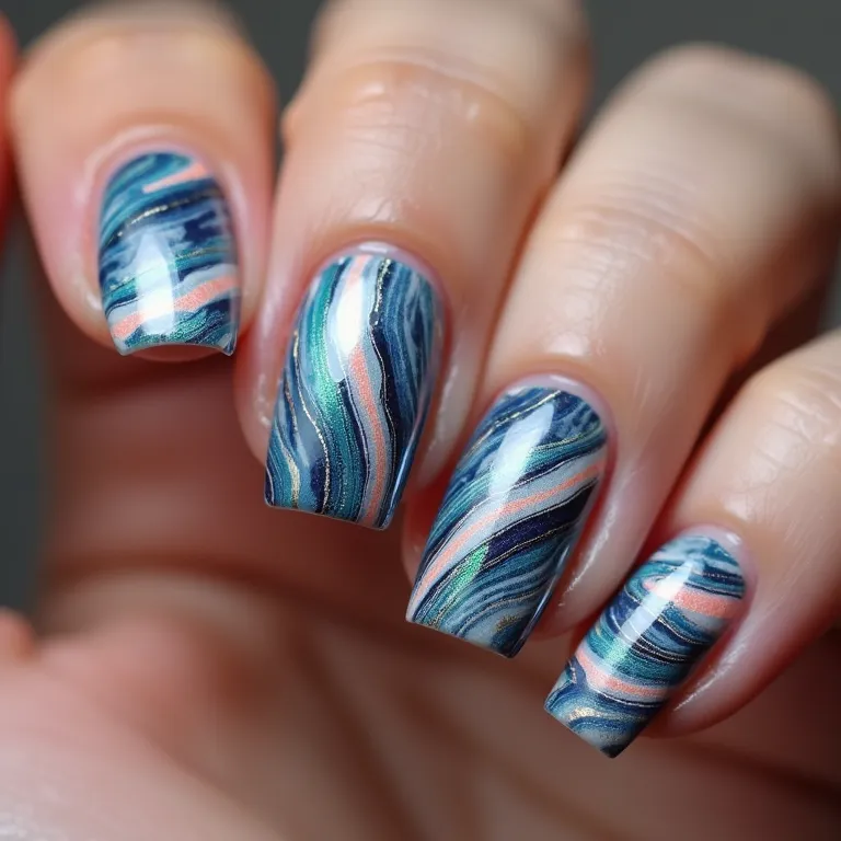 Unhas marmorizadas com padrões únicos e cores vibrantes.