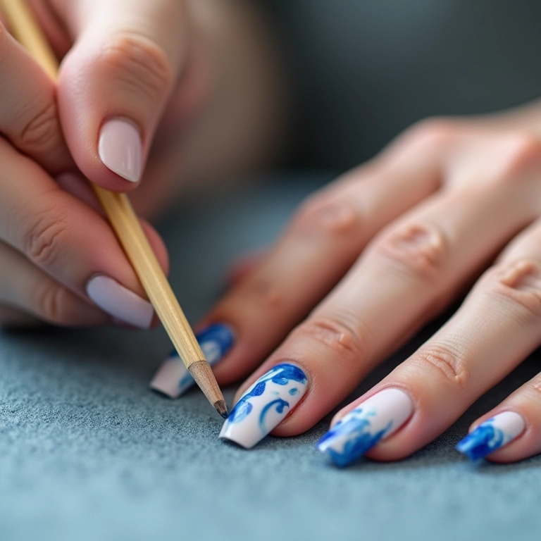 Unhas marmorizadas com palito, efeito elegante em tons de azul e branco.