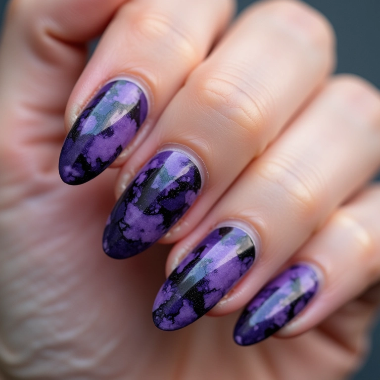 Unhas marmorizadas com roxo e preto, design único.