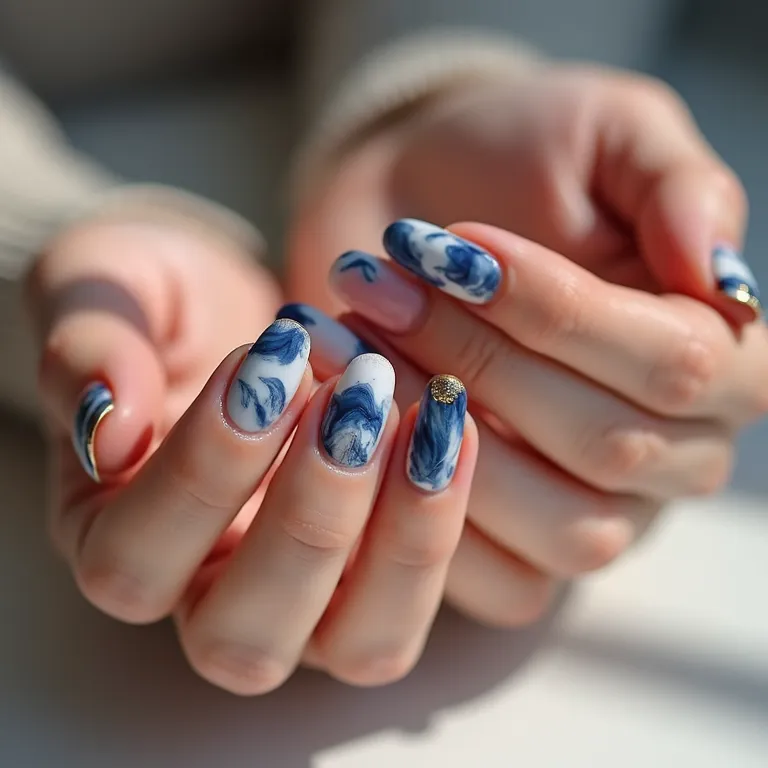 Unhas marmorizadas com tons de azul, branco e dourado.