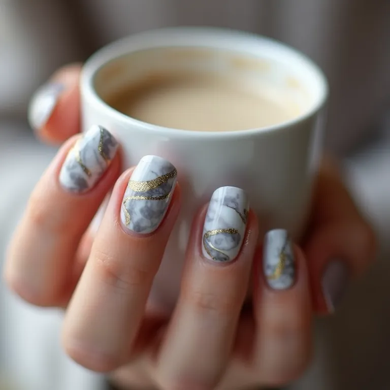 Unhas marmorizadas com tons de cinza, branco e dourado.
