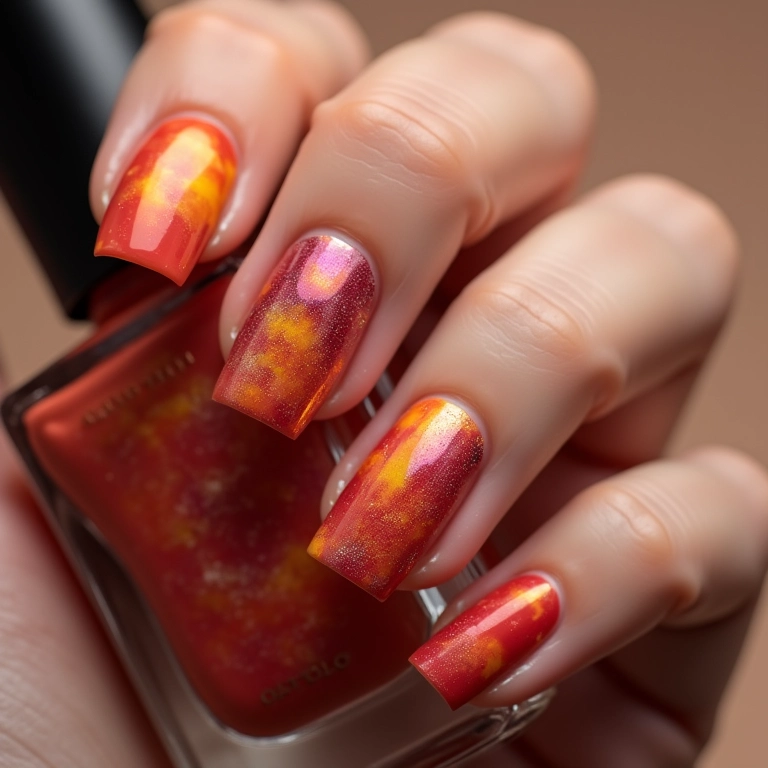 Unhas marmorizadas com tons de entardecer.
