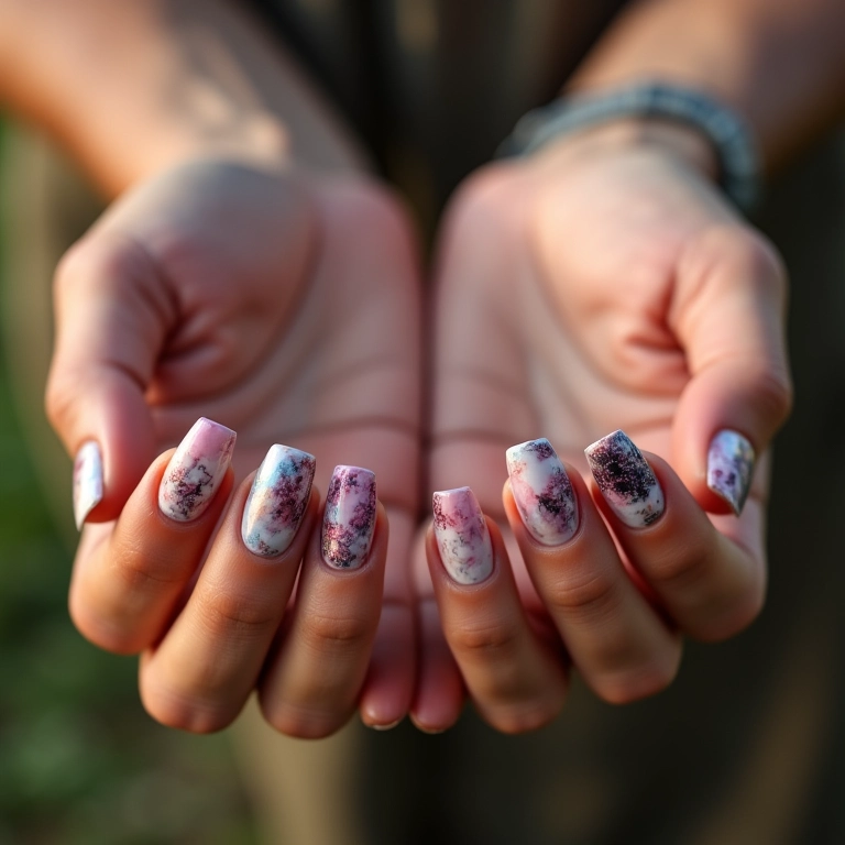 Unhas marmorizadas decoradas no molde F1.