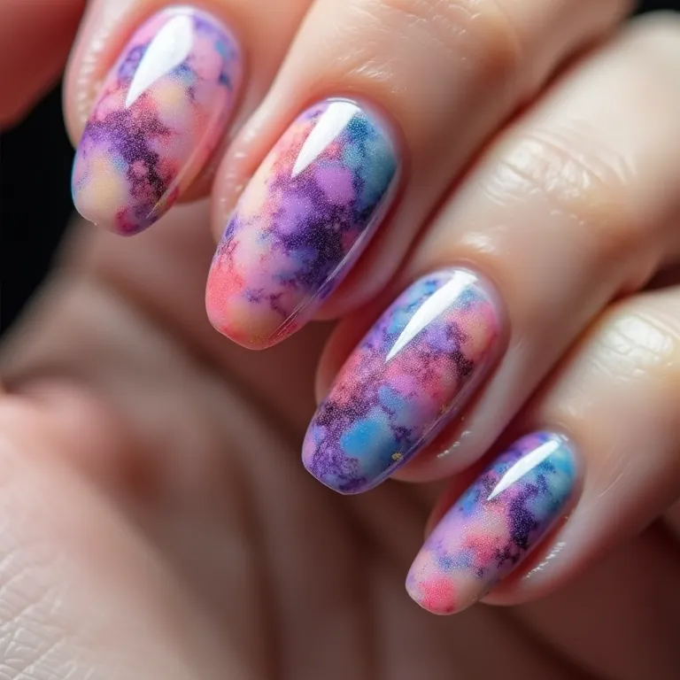 Unhas marmorizadas em gel com cores vibrantes.