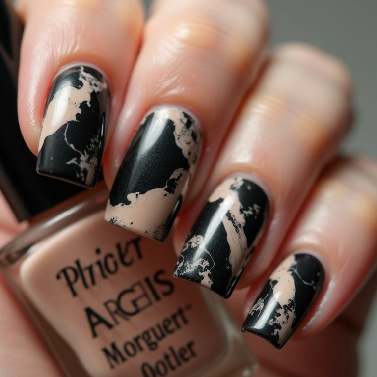 Unhas marmorizadas em preto e bege.