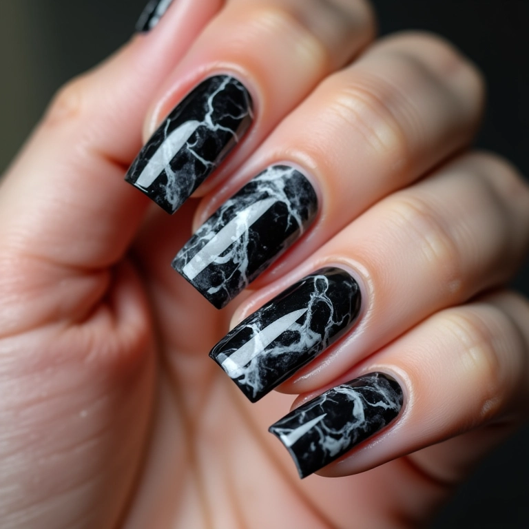 Unhas marmorizadas em preto e branco: design elegante.