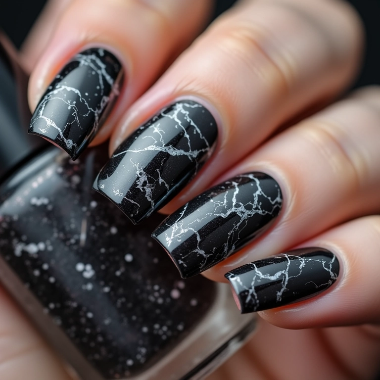 Unhas marmorizadas em preto e branco, design único e luxuoso.