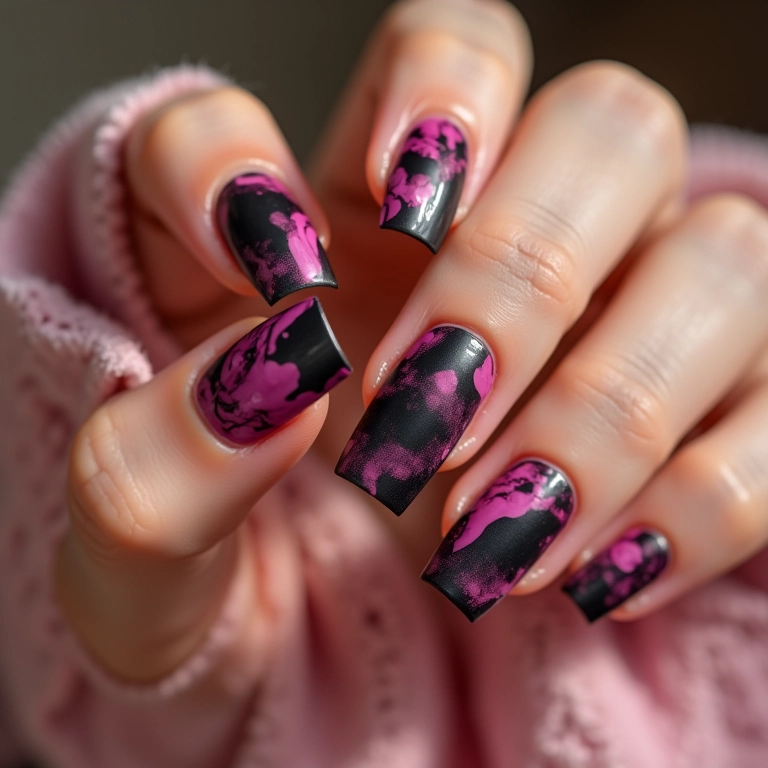 Unhas marmorizadas em preto e rosa: efeito único.