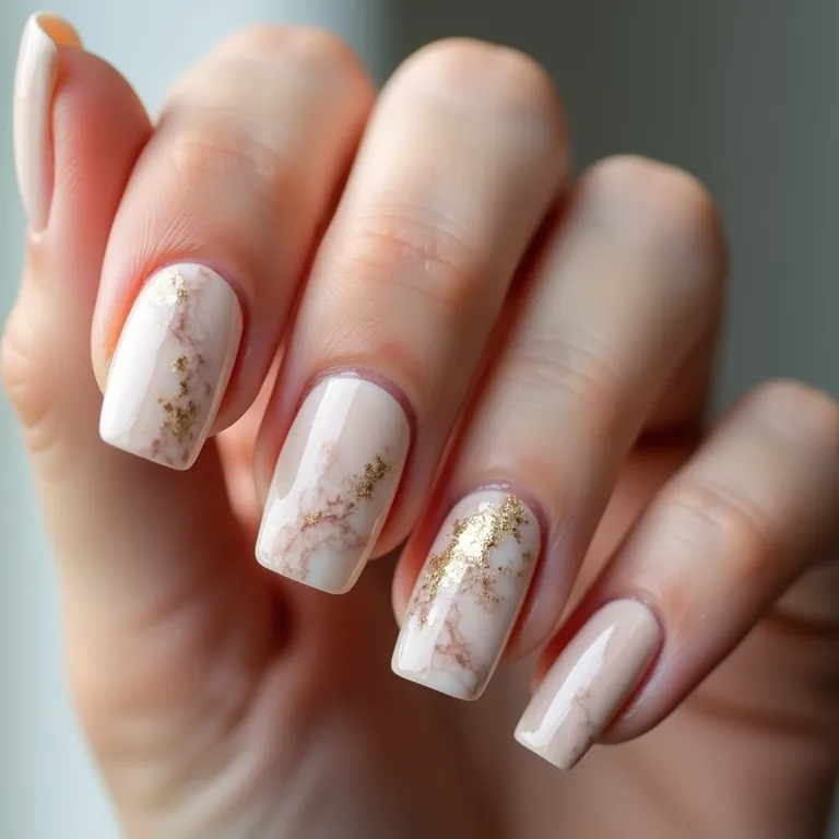 Unhas marmorizadas em tons de bege, sofisticação e exclusividade.