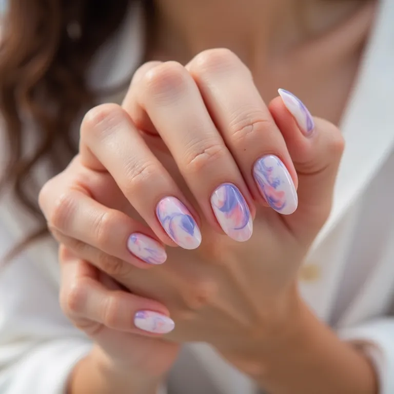 Unhas marmorizadas em tons pastel.