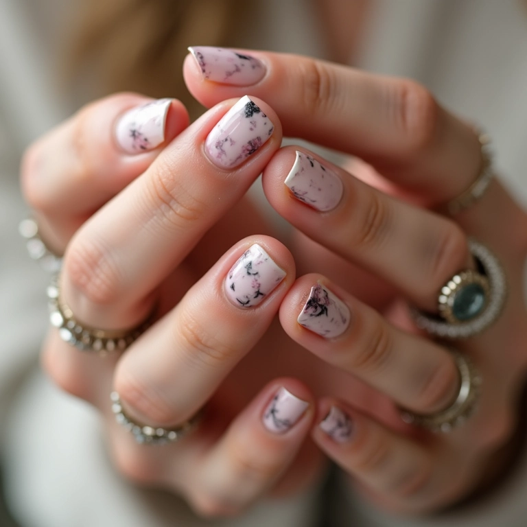 Unhas marmorizadas em tons suaves, com anéis delicados.