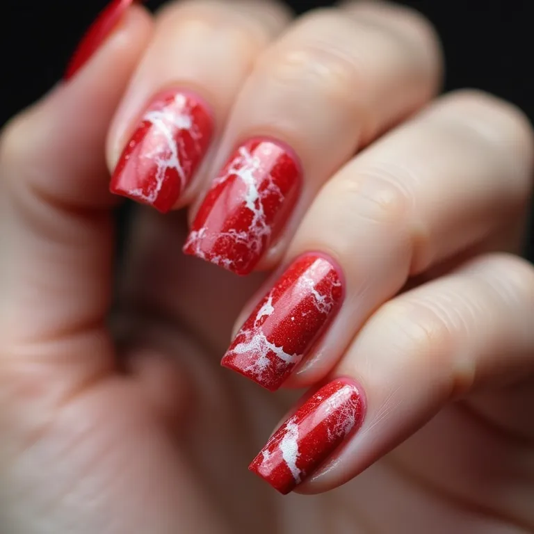 Unhas marmorizadas em vermelho e branco.