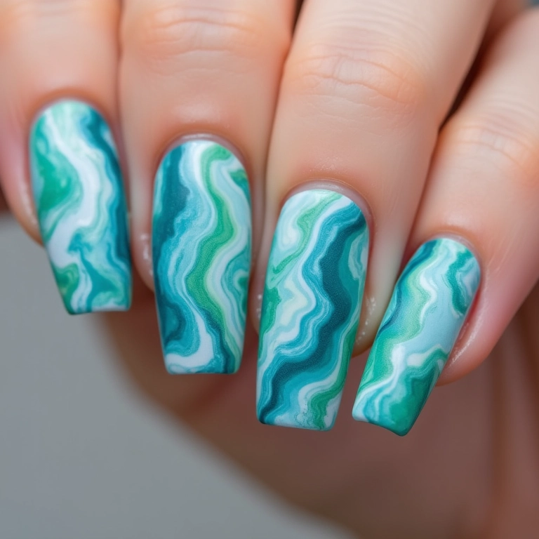 Unhas marmorizadas inspiradas nas ondas do mar brasileiro.