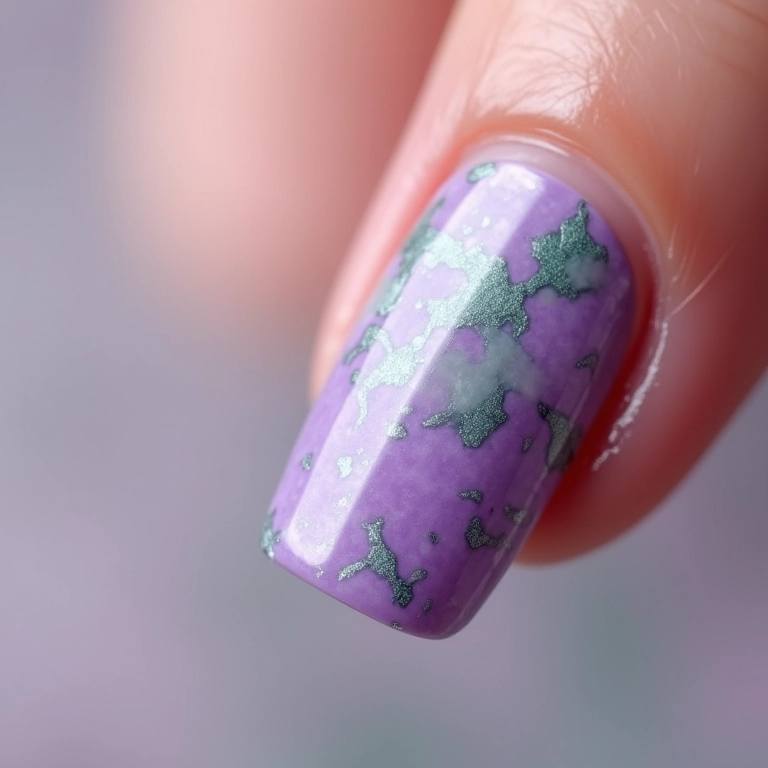 Unhas marmorizadas lilás e verde, design único.
