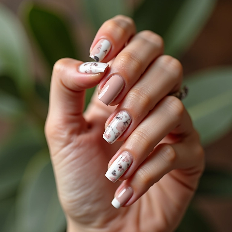 Unhas marmorizadas nude com branco, design sofisticado.