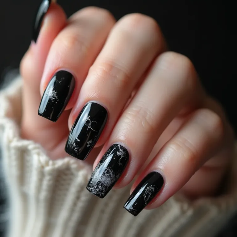 Unhas marmorizadas pretas quadradas.