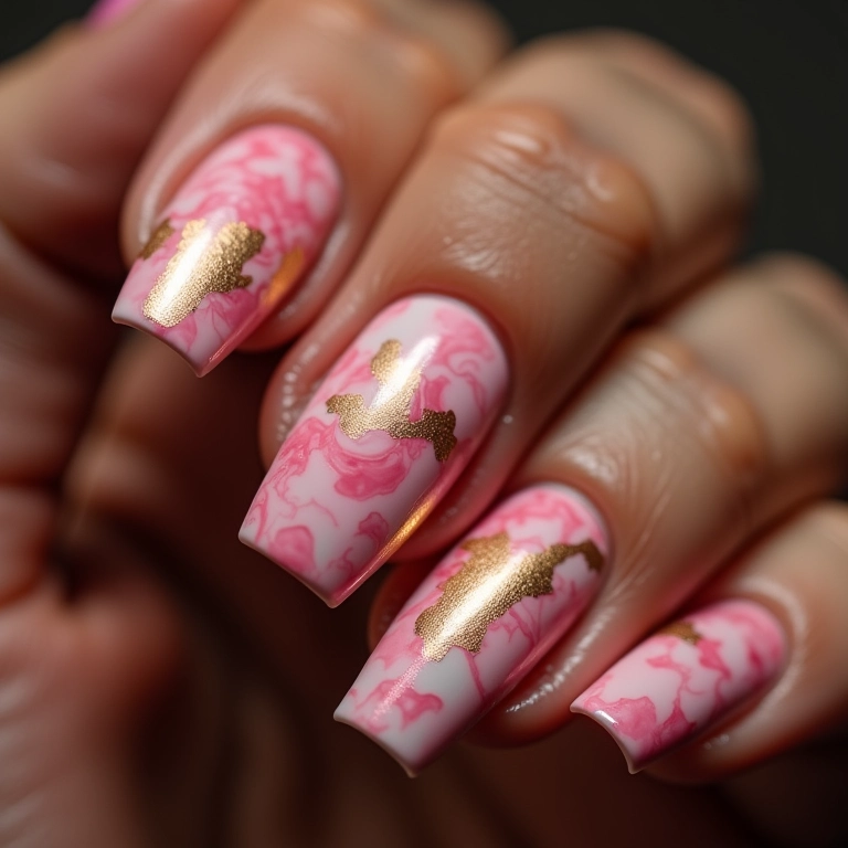 Unhas marmorizadas rosa e dourado, luxo.