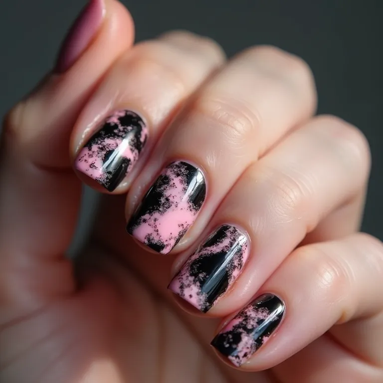 Unhas marmorizadas rosa e preto, efeito único e elegante.