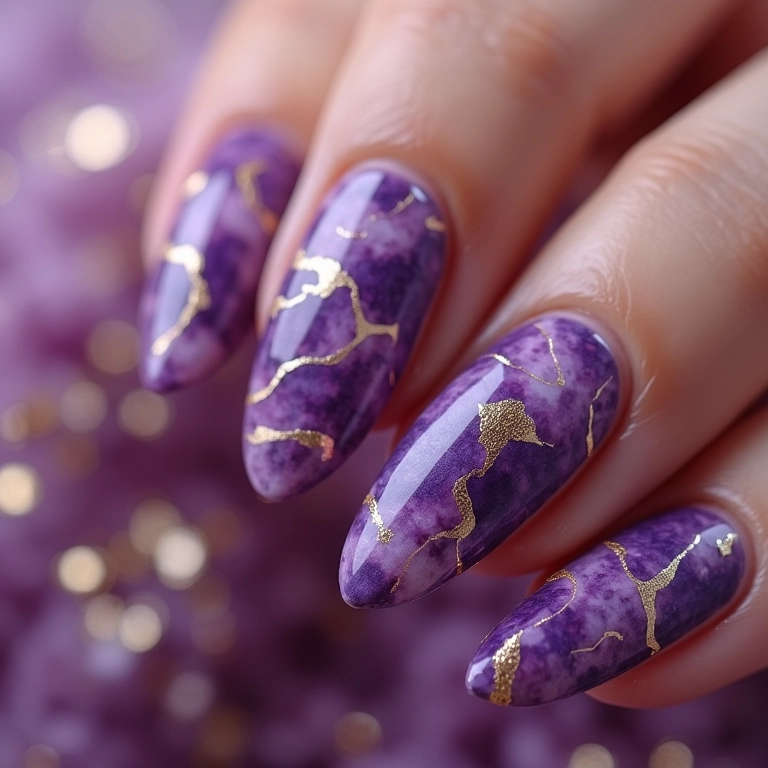Unhas marmorizadas roxas com detalhes em dourado.