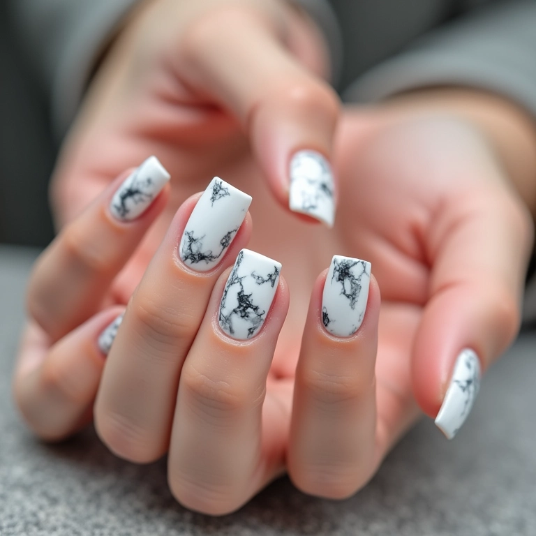 Unhas marmorizadas simples em unhas quadradas.