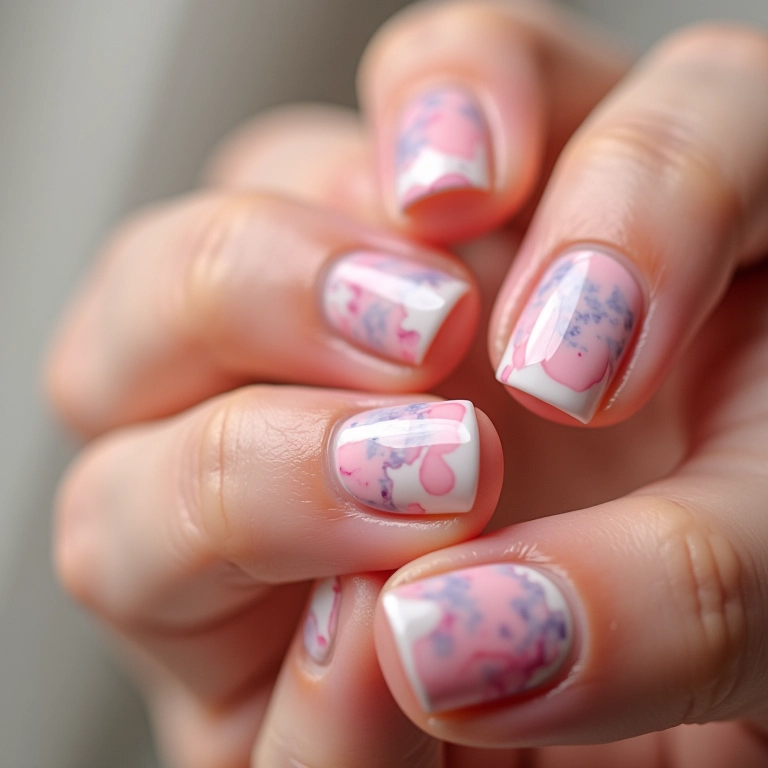 Unhas marmorizadas suaves em gel.