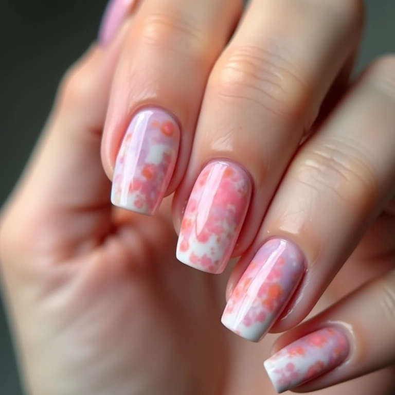 Unhas marmorizadas suaves em tons pastel.
