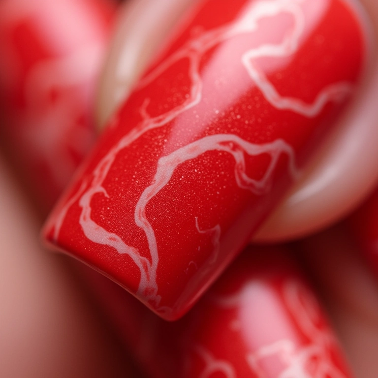 Unhas marmorizadas vermelhas.