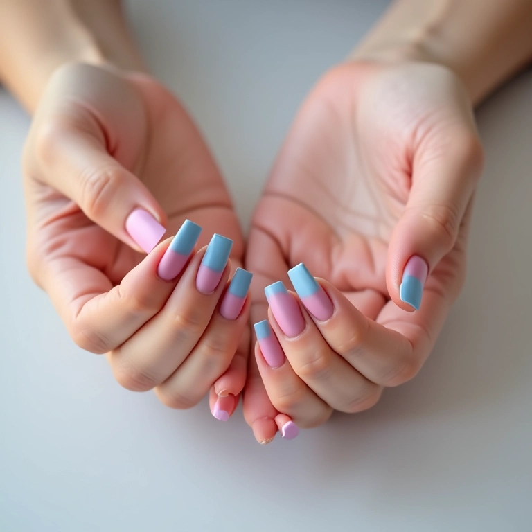 Unhas metade rosa, metade azul para chá revelação.