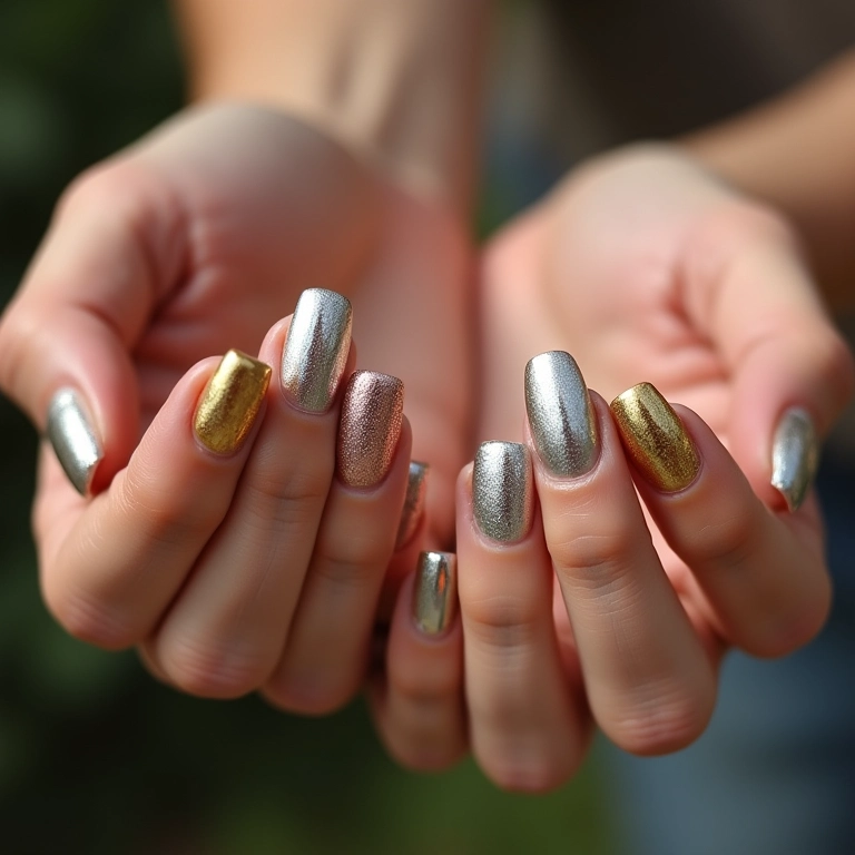 Unhas metálicas brilhantes.