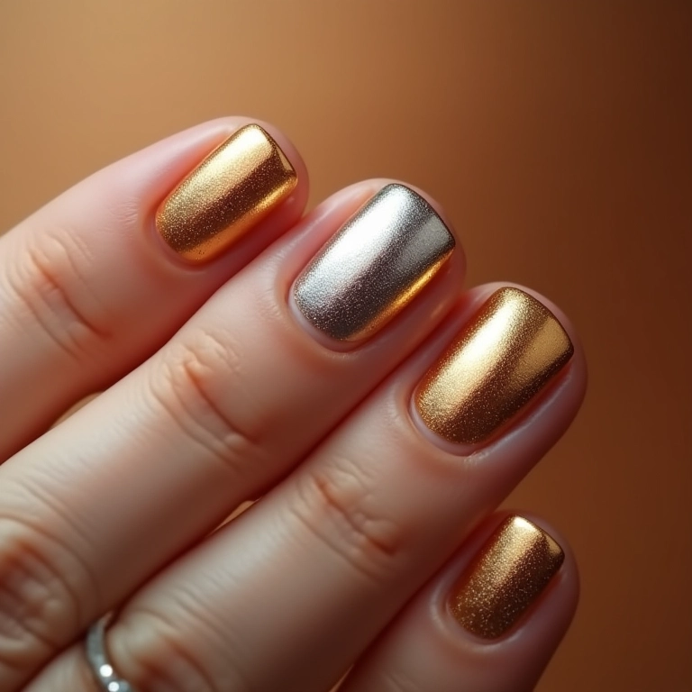 Unhas metálicas em tons de dourado e prata.