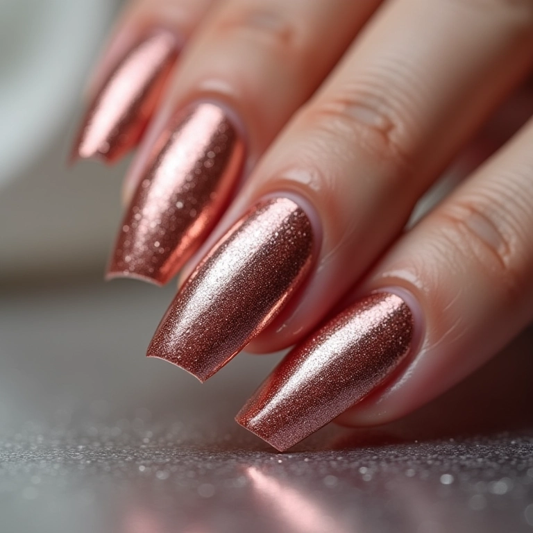 Unhas metalizadas com gel e efeito cromado.