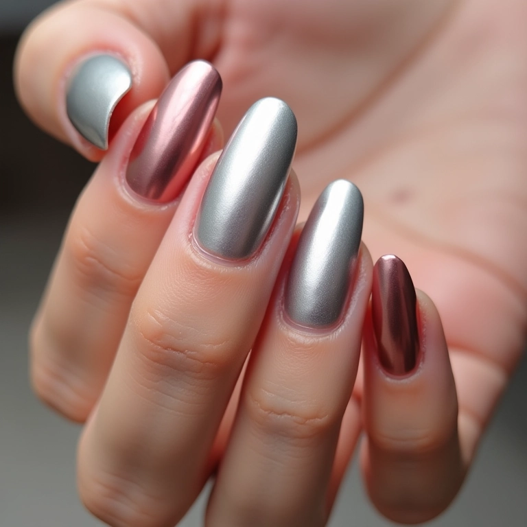 Unhas metalizadas e cromadas em tons de prata e ouro rosa para debutantes.
