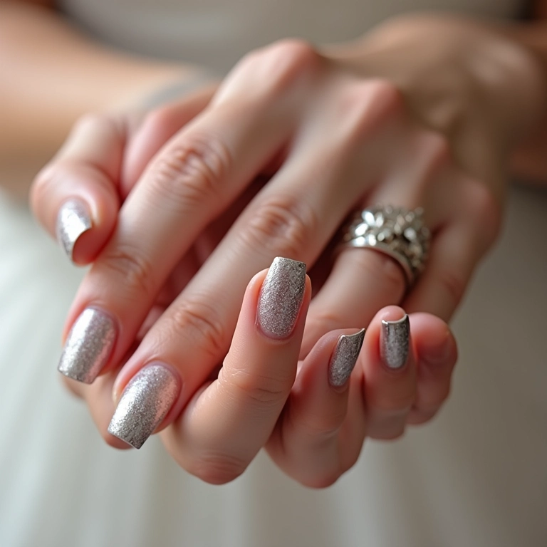 Unhas metalizadas em tom prata para um toque moderno e sofisticado nas mãos da noiva.