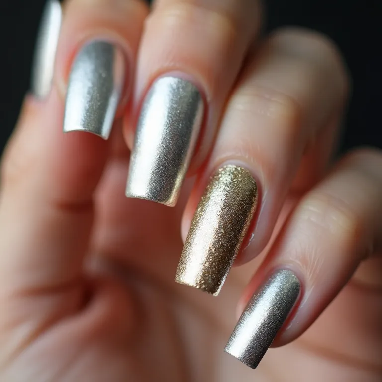 Unhas metalizadas em tons de prata e dourado, modernas e elegantes.
