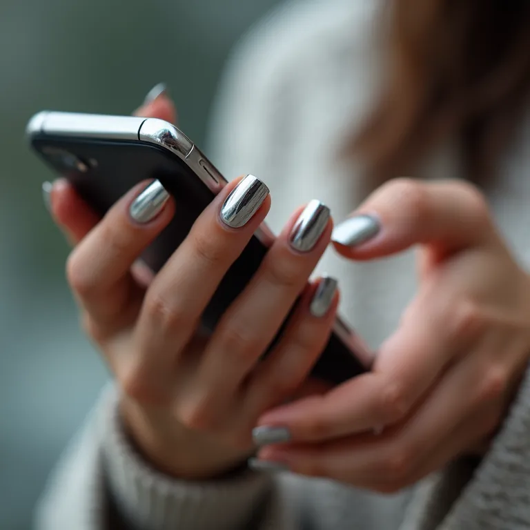 Unhas metalizadas futuristas em tons de prata com detalhes cromados.
