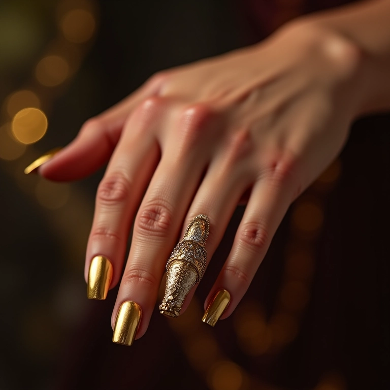 Unhas metalizadas para o Carnaval, dourado e prata, mão segurando um tamborim.